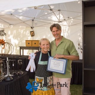 Art in the Park 2021 artist with third place contemporary craft ribbon and certificate