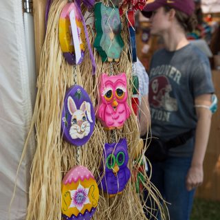 Art in the Park 2021 owl and easter themed wooden decorations