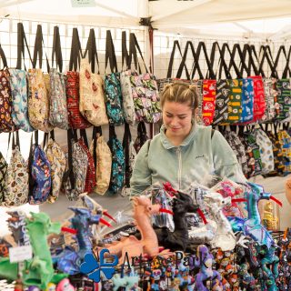 Art in the Park 2021 women looking at stuffed dragon toys